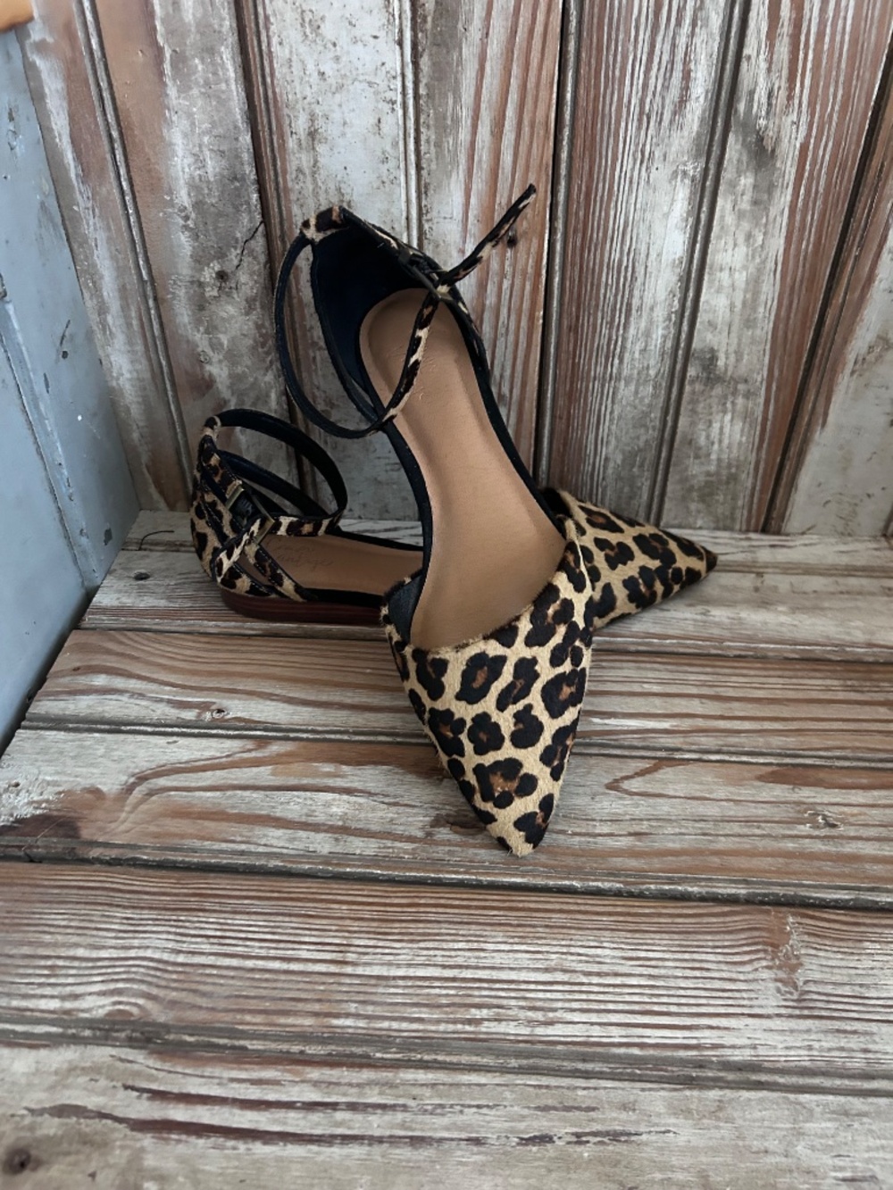 Leopard Print Cow Hair Ankle Strap Point Toe Flats